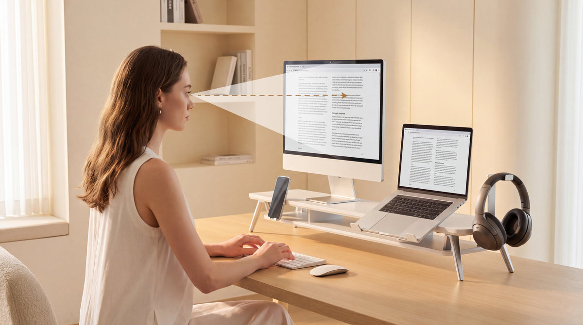 Side view of a monitor positioned at eye level on a home office desk