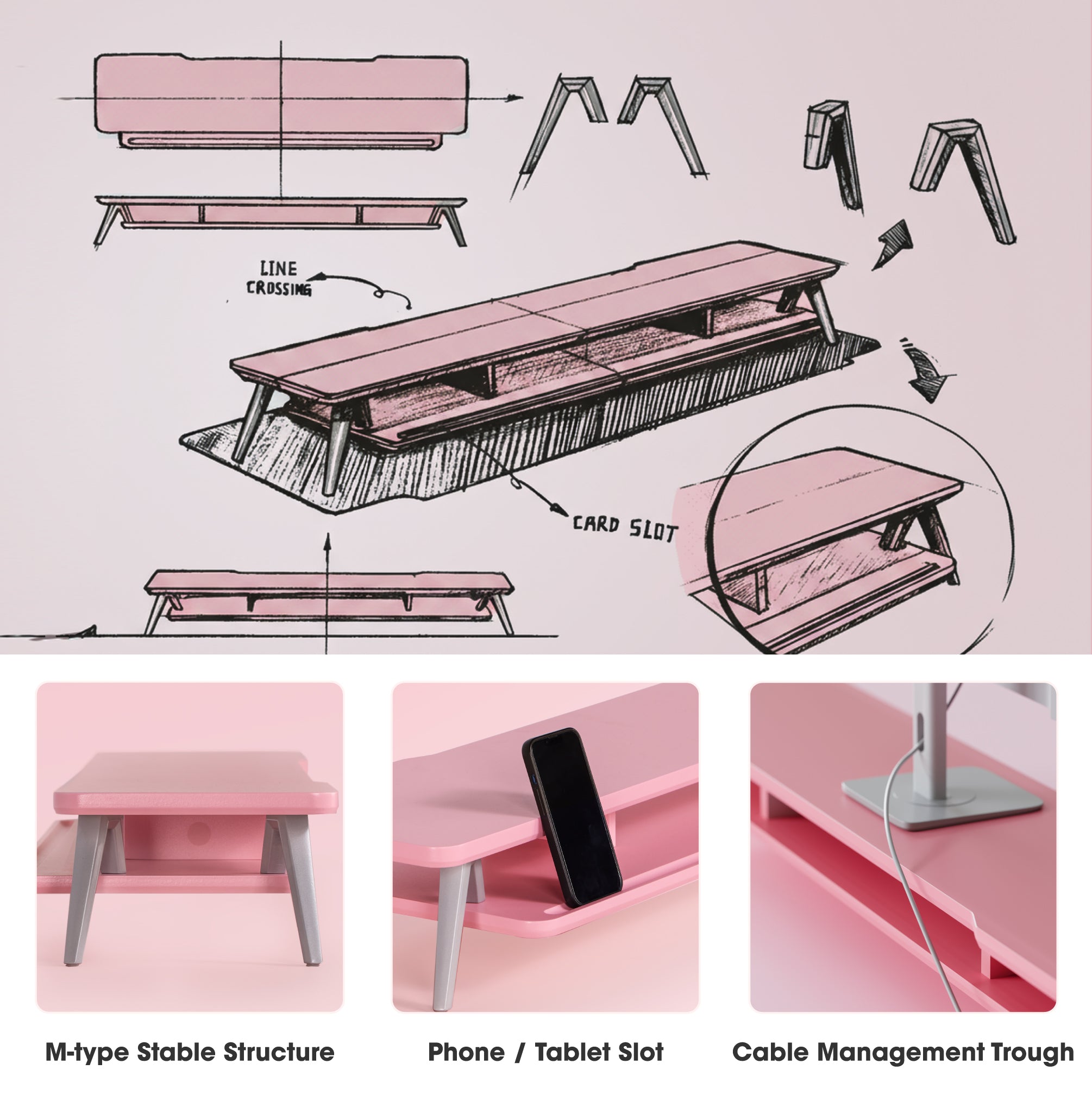 FENGE Rodin A212 Monitor Riser Pink, Dual Desk Shelf with M-Type Leg