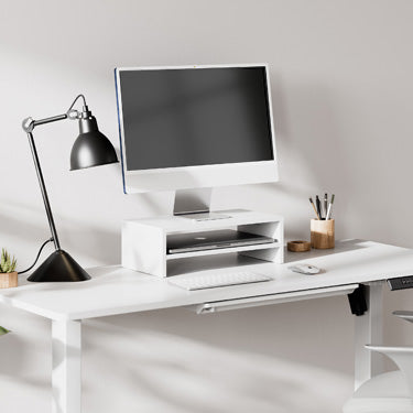 White standing desktop with white monitor stand