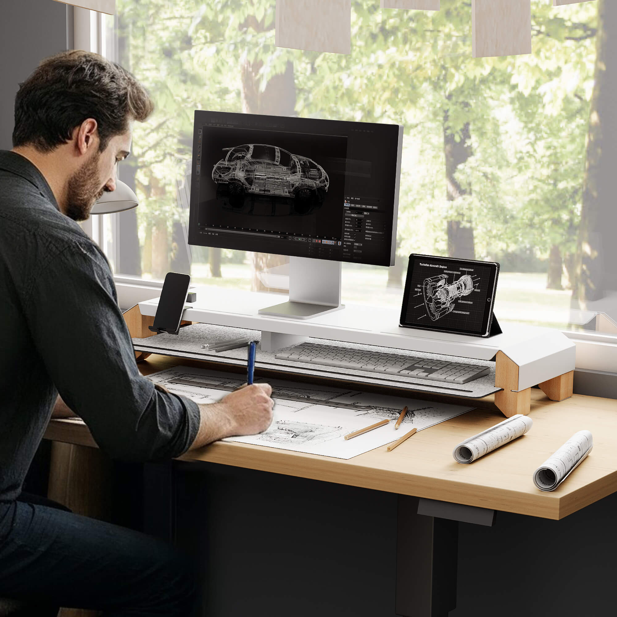 FENGE Aurel L210 Monitor Riser, Beach Wood Desk Shelf