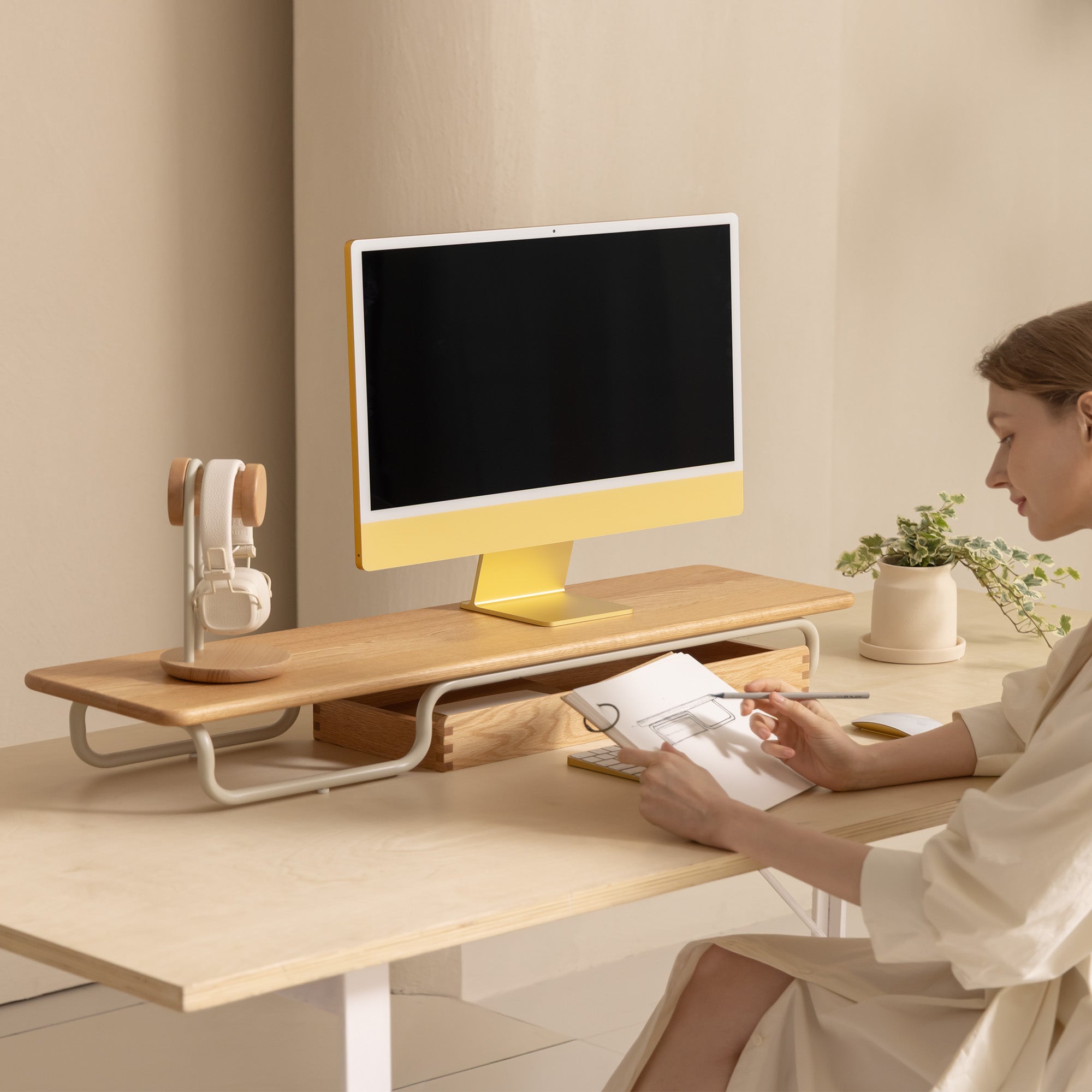 FENGE Flux J110 Monitor Riser, Red Oak Wood Desk Shelf