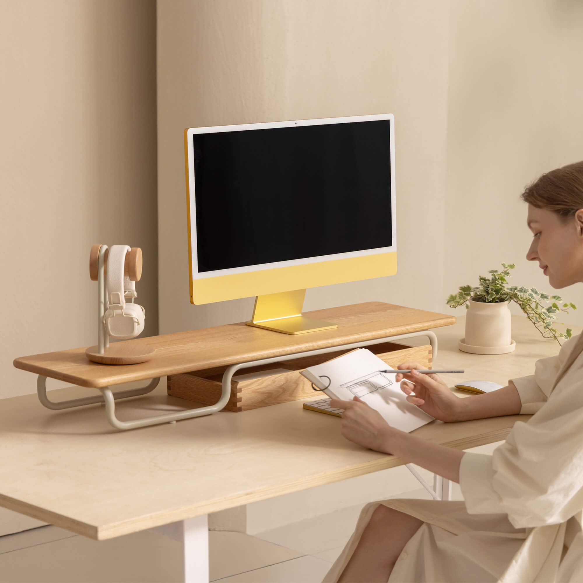 FENGE Flux J110 Monitor Riser, Red Oak Wood Desk Shelf