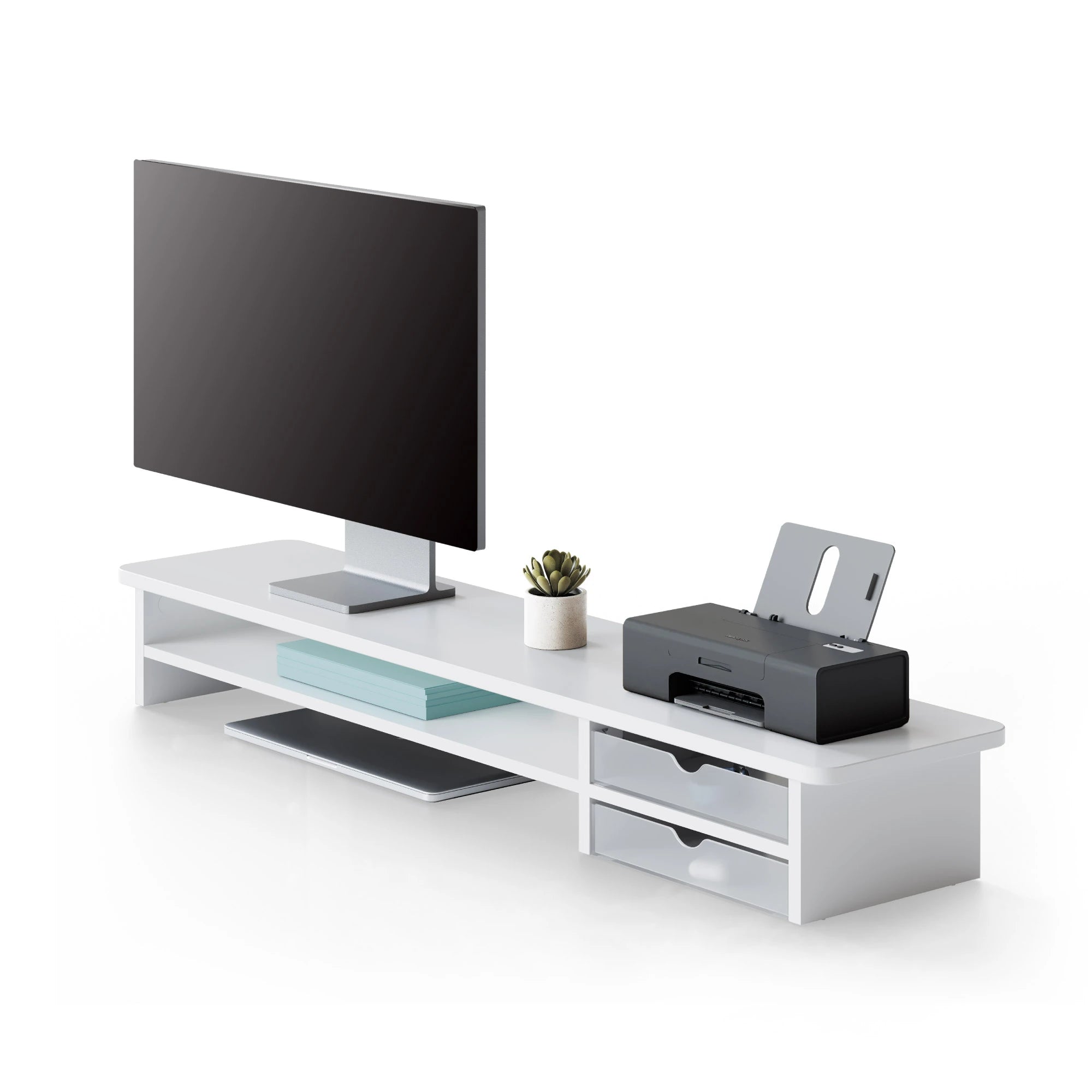 White TV stand with a television, printer, and small plant on a white background