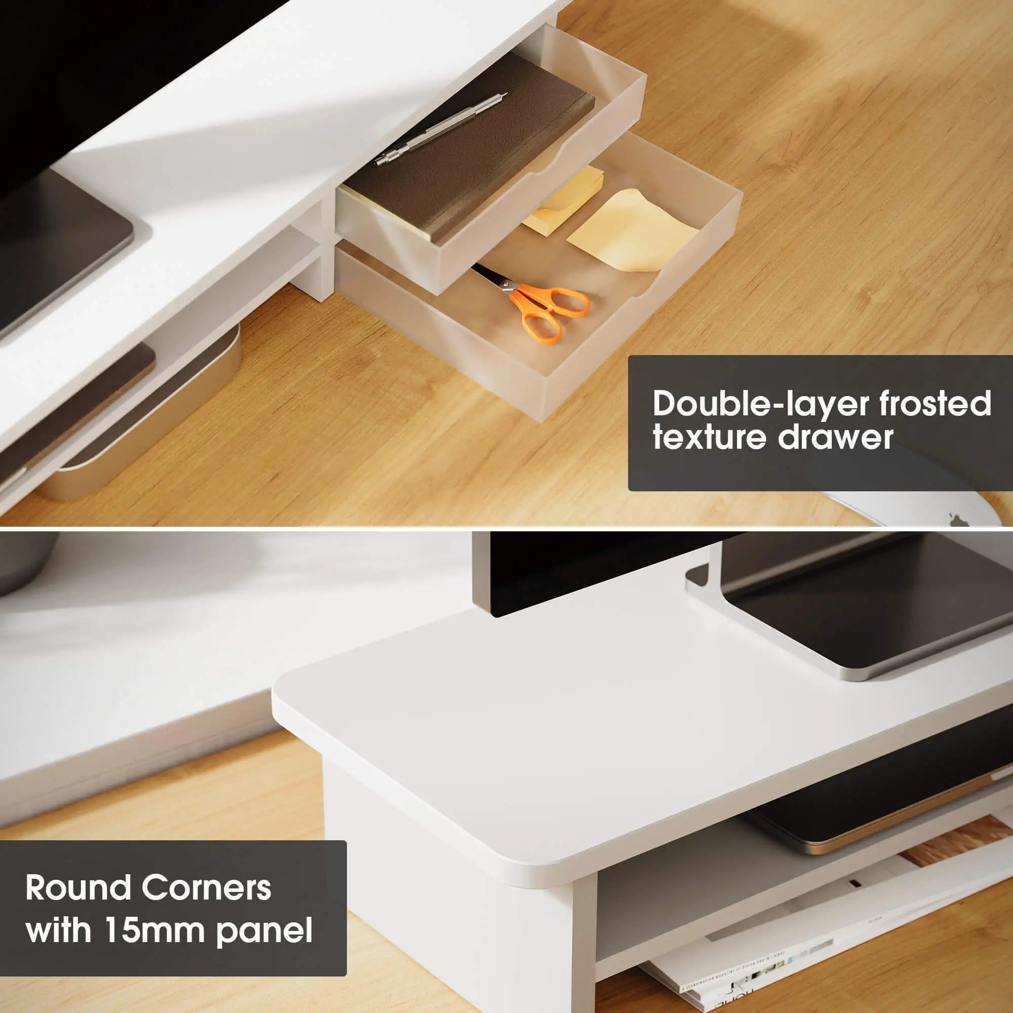 White desk with double-layer frosted texture drawer and round corners with 15mm panel on a wooden surface.
