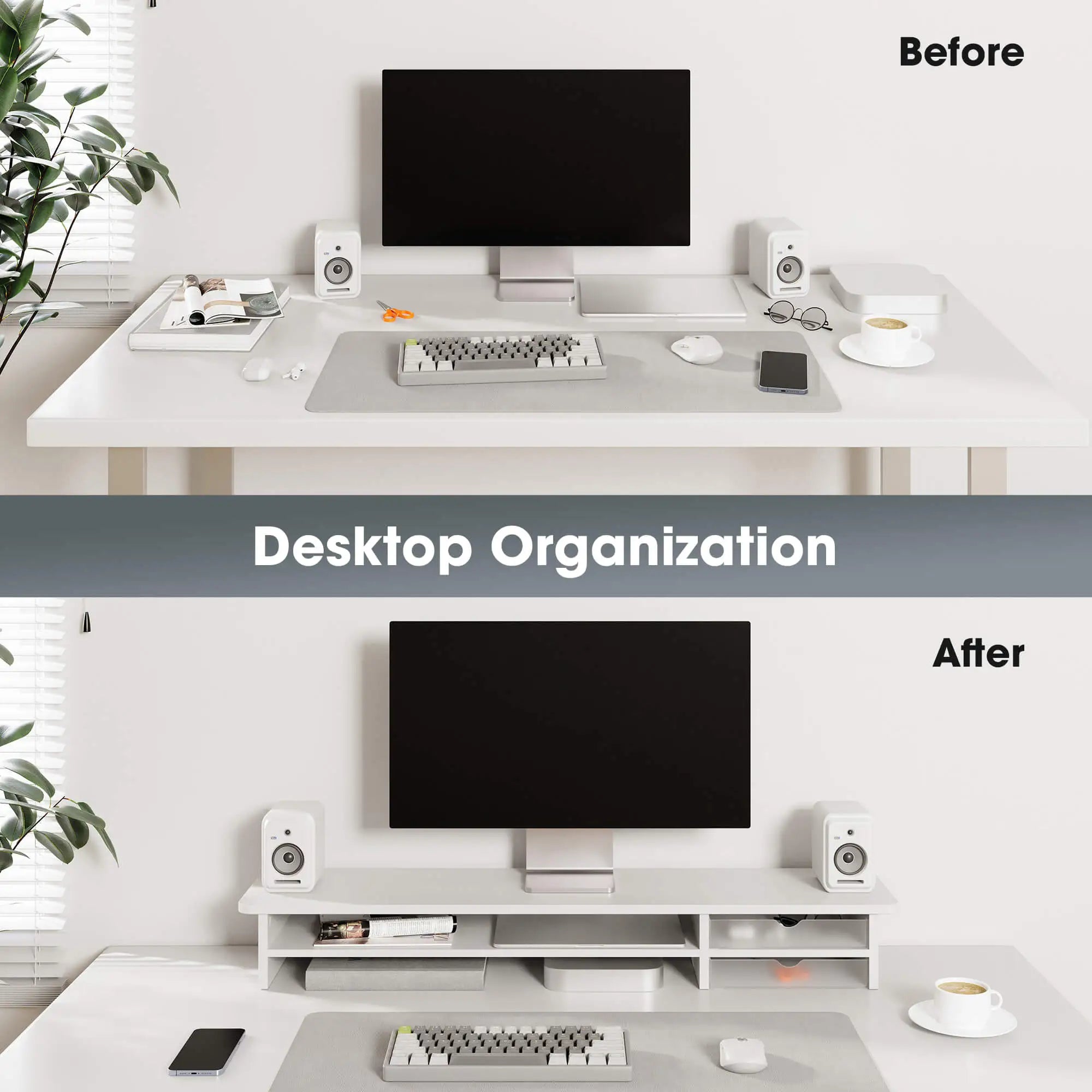 Before and after comparison of a desk setup with organized items.
