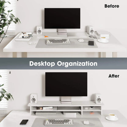 Before and after comparison of a desk setup with organized items.