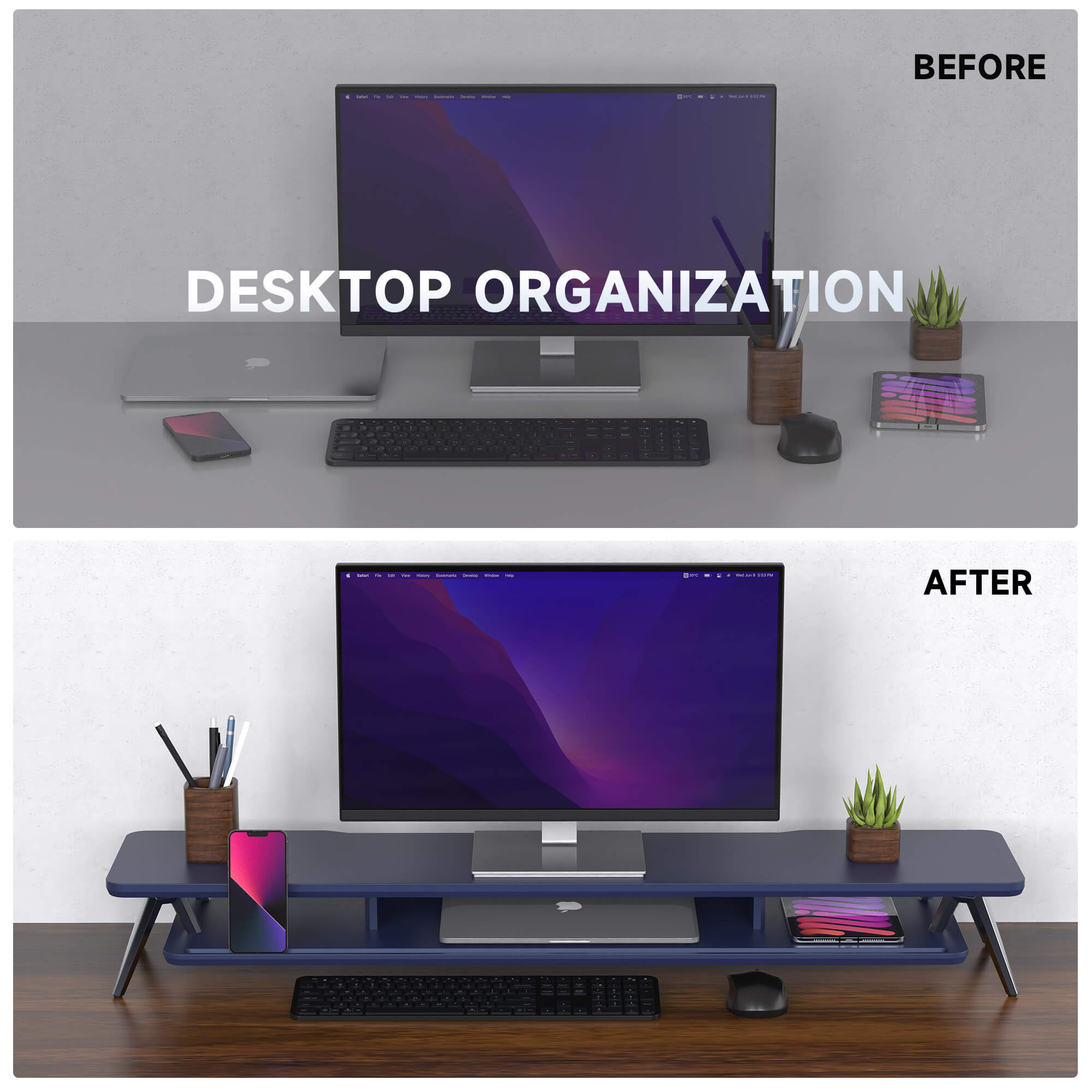 large desk shelf rodin clean organization blue