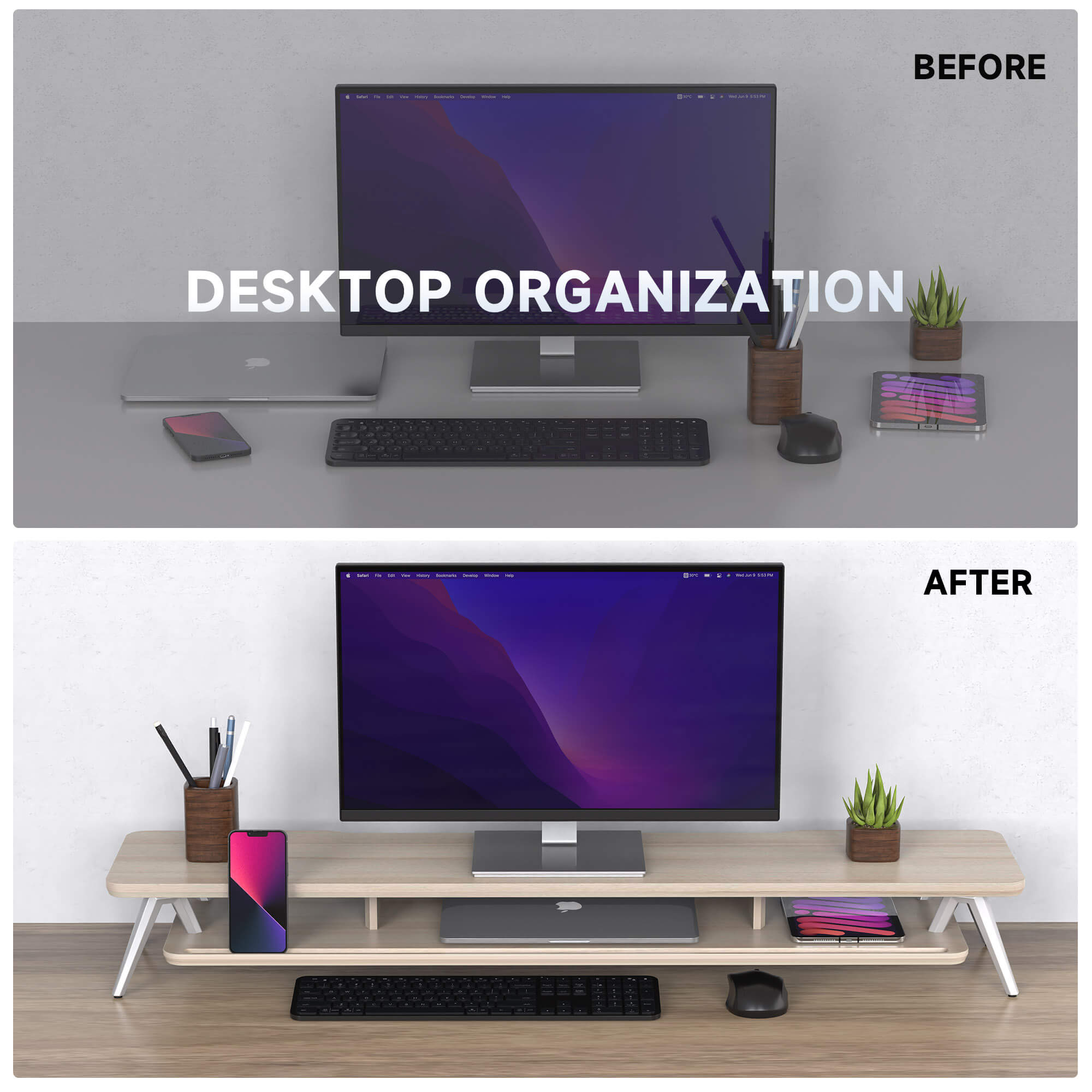 large desk shelf rodin clean organization oak