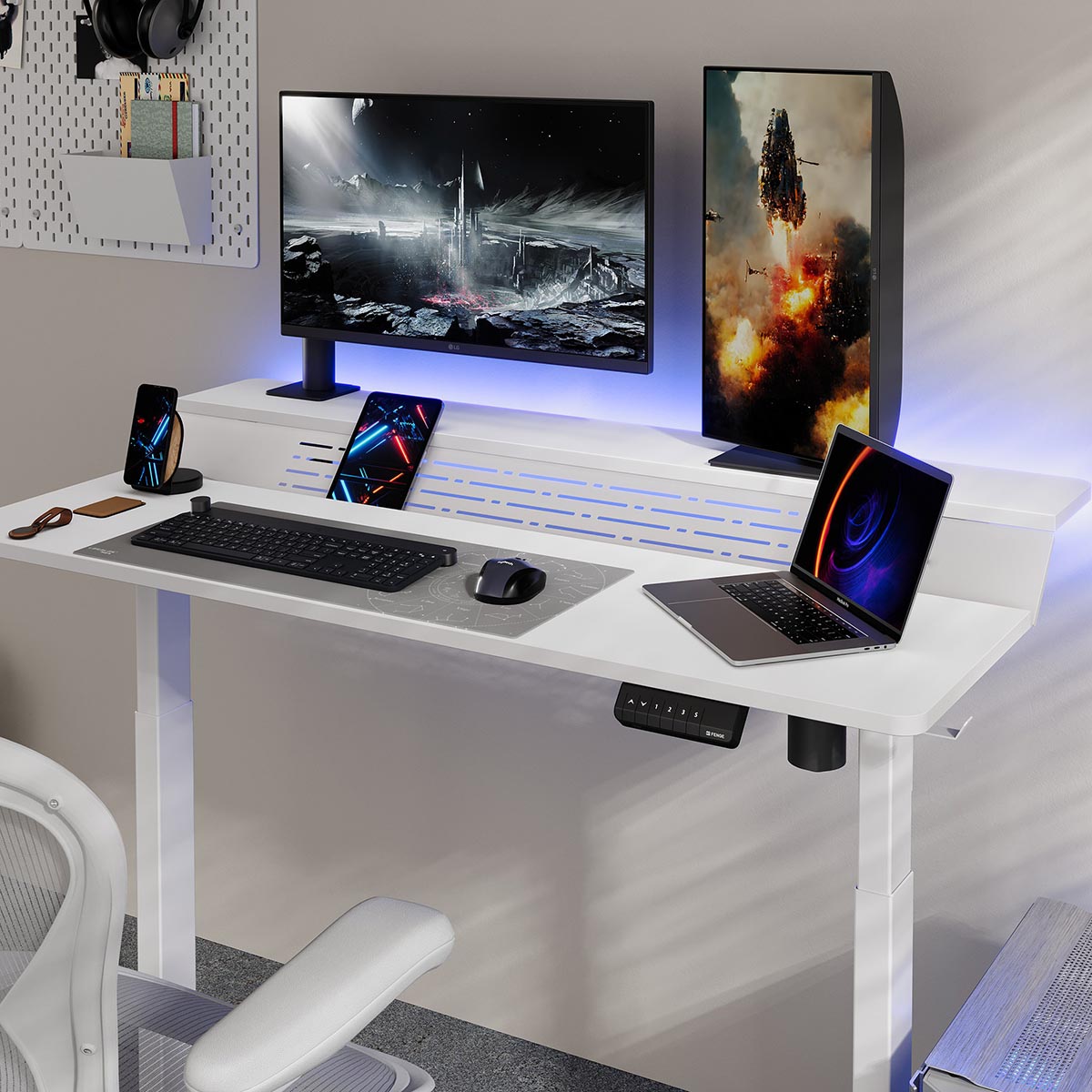 white gaming standing lift up desk in home