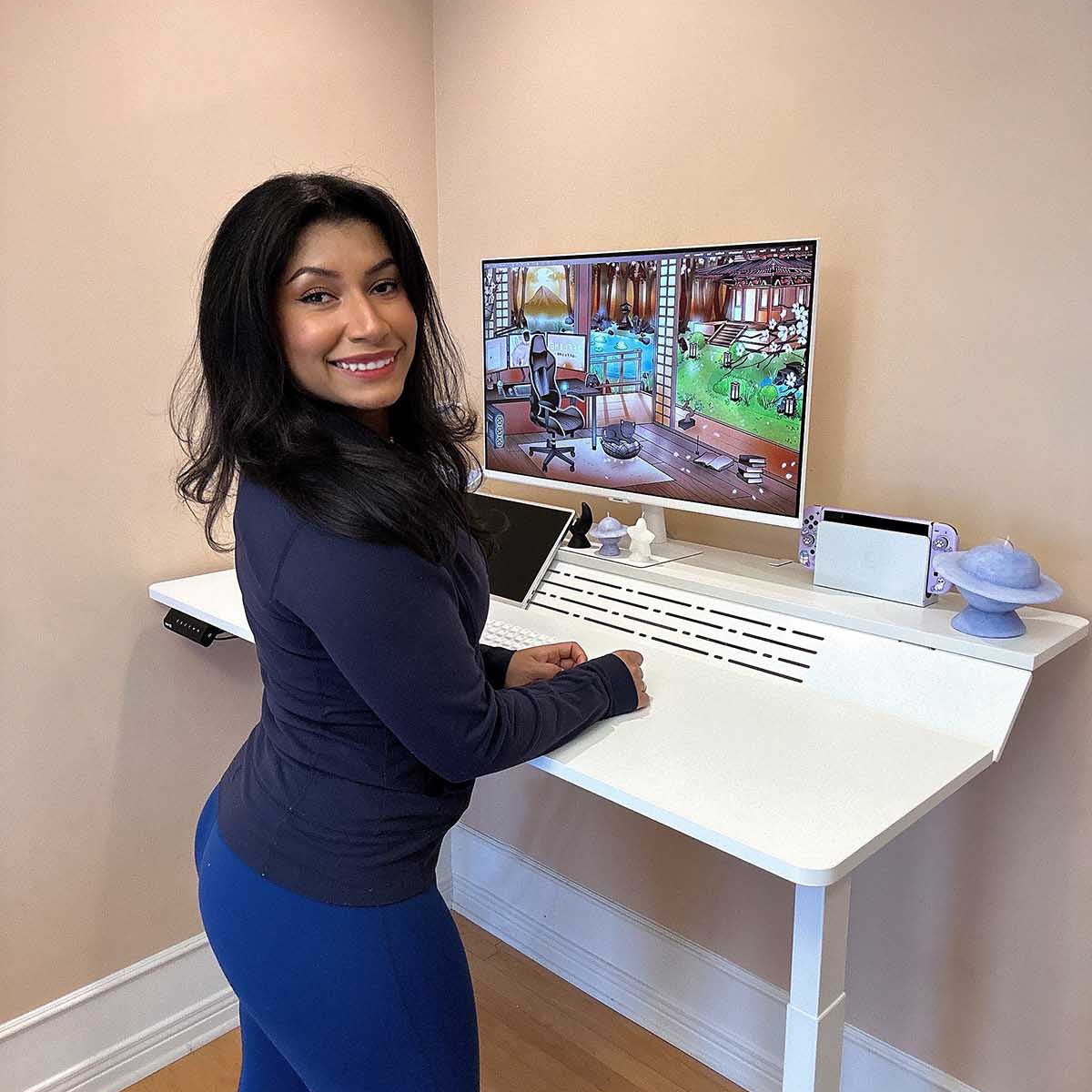 white piano standing desk in home