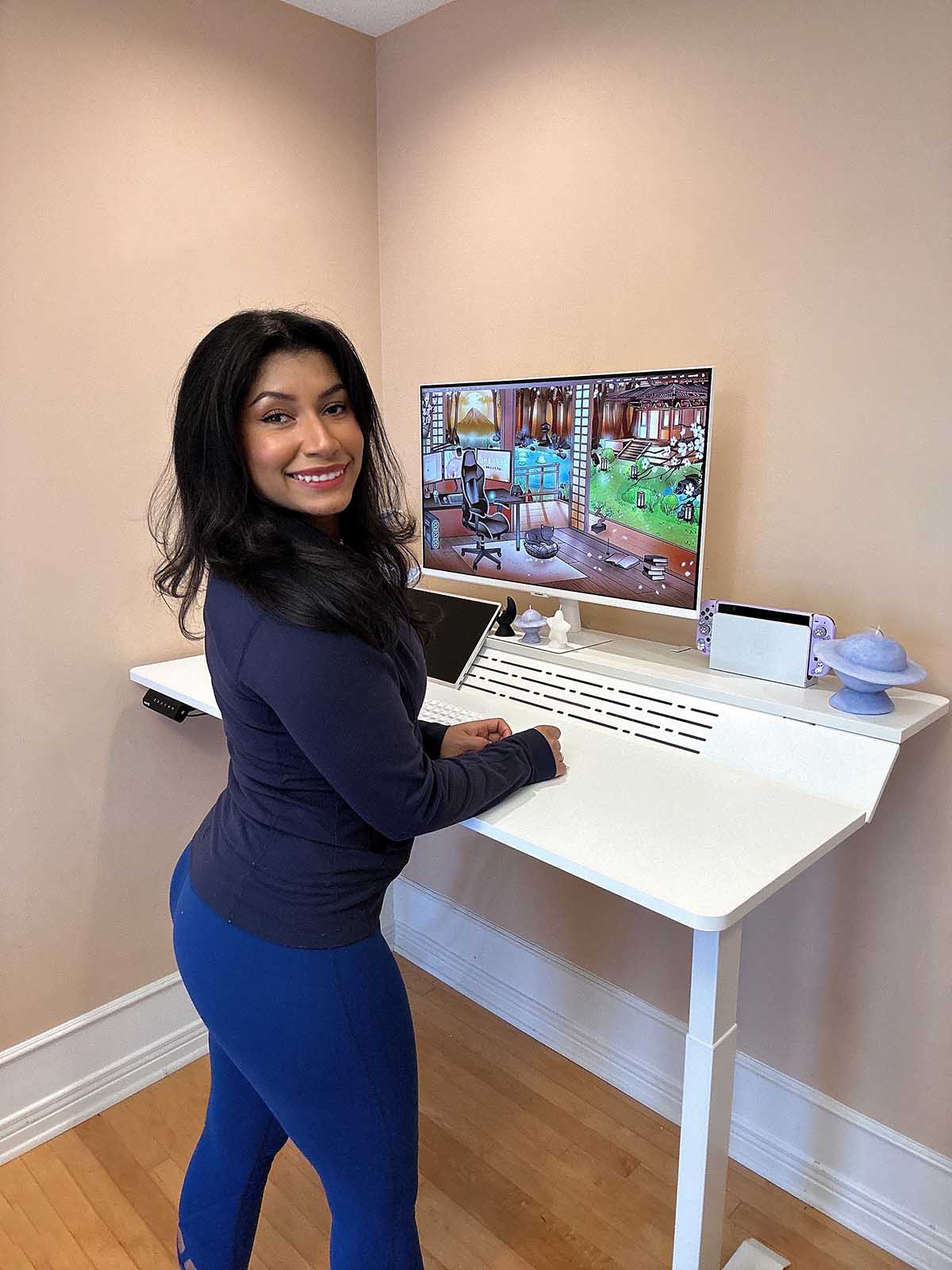 white piano standing desk in home